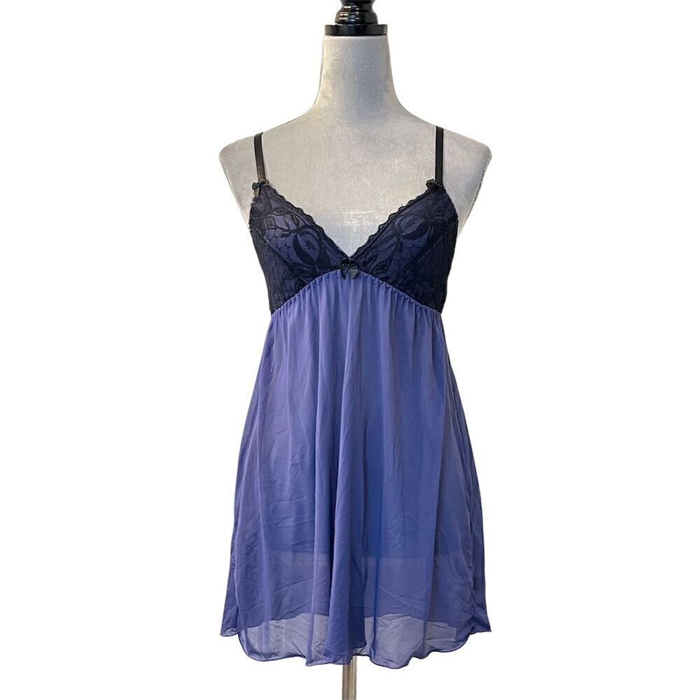 Tart Noir Women's Navy & Black Lace Babydoll Nightgown V-Neck S Romance Vampire - Picture 2 of 8